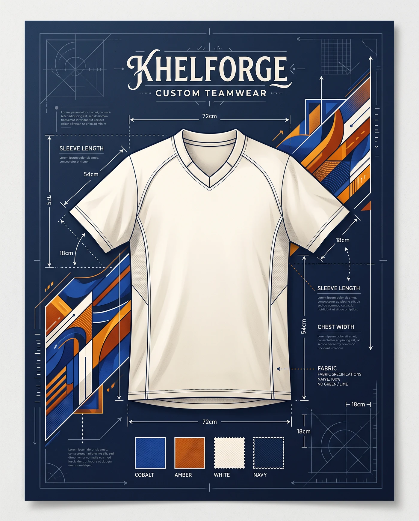 Illustrative jersey design brief showing colour and marking areas, not confirmed customisation options