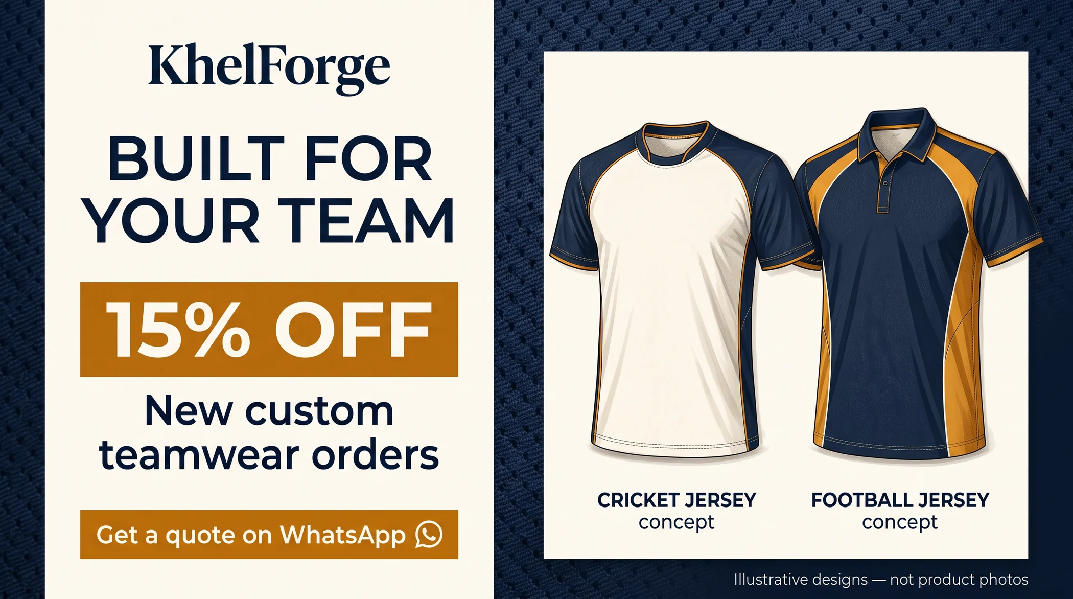 KhelForge: 15% off new custom teamwear orders. Regular quoted garment subtotal only; taxes and shipping excluded from the discount. Illustrative jersey designs. Get a quote on WhatsApp.